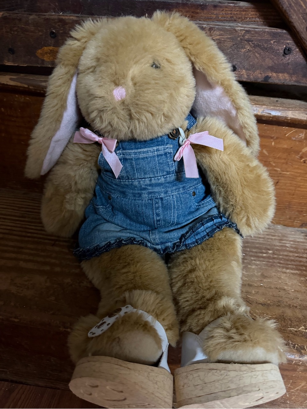 Vintage Plush build a bear Bunny in Denim Overalls with Pink Bows